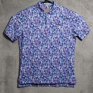 Peter Millar Polo Shirt Mens Small Purple Blue Summer Comfort Golf Drinks Print